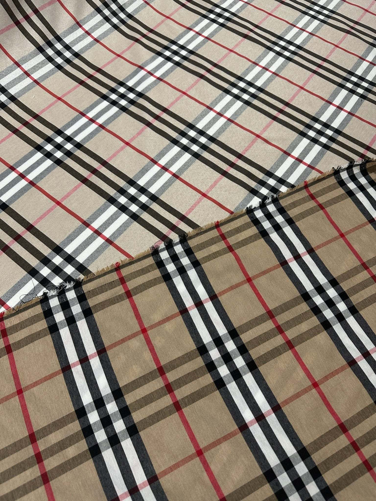 Double sided beige plaid tartan poplin cotton fabric with classic pattern for sewing and crafting projects