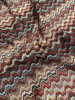 Earth tone zigzag woven mesh fabric in green and brown shades with textured knit pattern