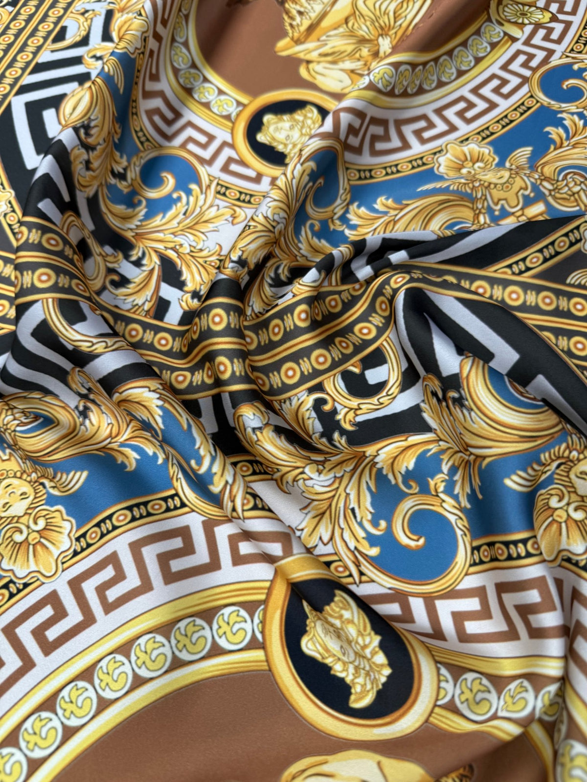 Gold Blue Baroque Satin Fabric by the Metre - Whotex Fabrics London