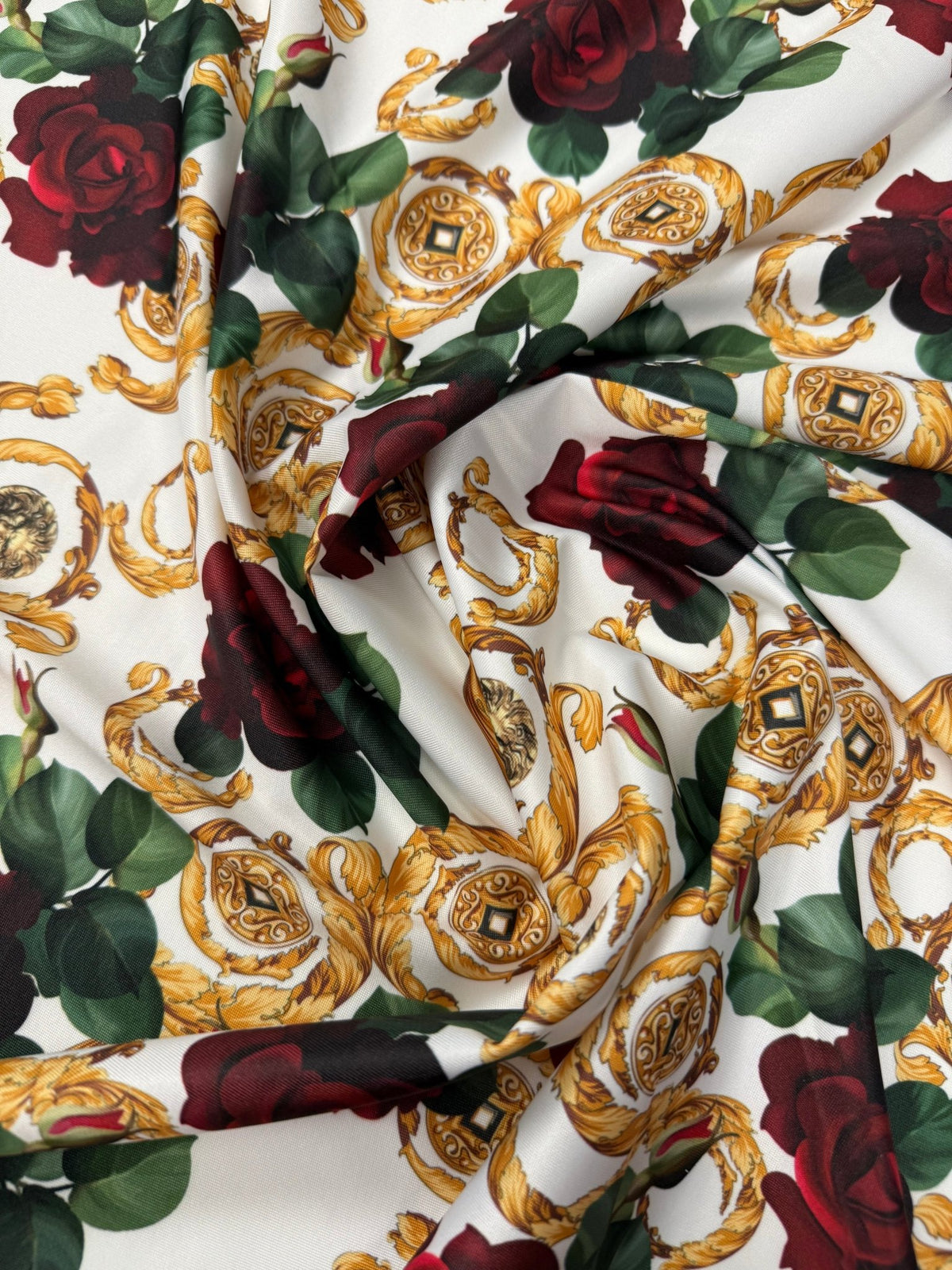 Gold Red Rose Patterned White Fabric – Fabric by Metre, Multiple Options for Sewing & Dressmaking - Whotex Fabrics London