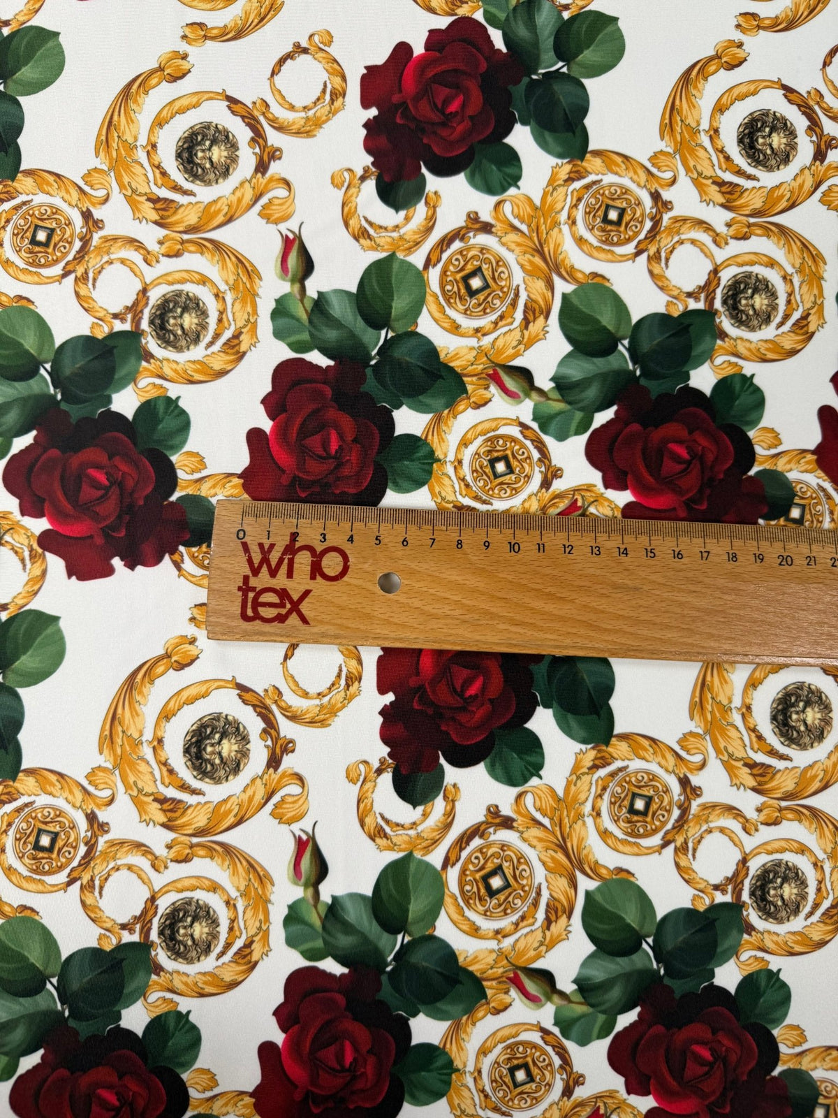 Gold Red Rose Patterned White Fabric – Fabric by Metre, Multiple Options for Sewing & Dressmaking - Whotex Fabrics London