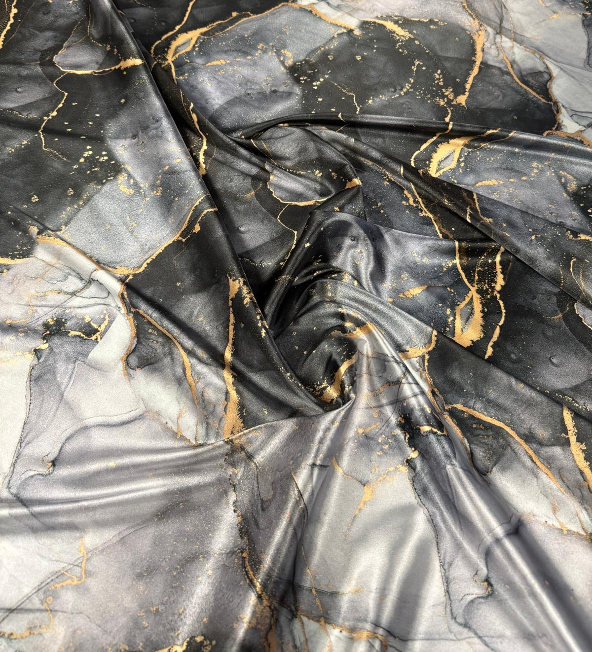 Gray Tie Dye Fabric with Gold Accents – Custom Printed Fabric on Satin, Crepe, Spandex or Chiffon - Whotex Fabrics London