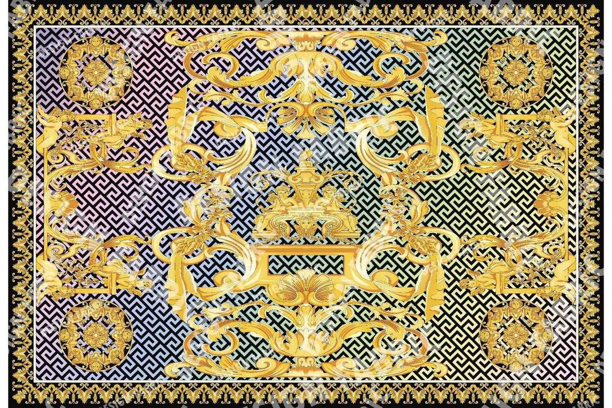 Gold Baroque Greek key pattern silky crepe fabric panel measuring 150x100cm with elegant ornate design