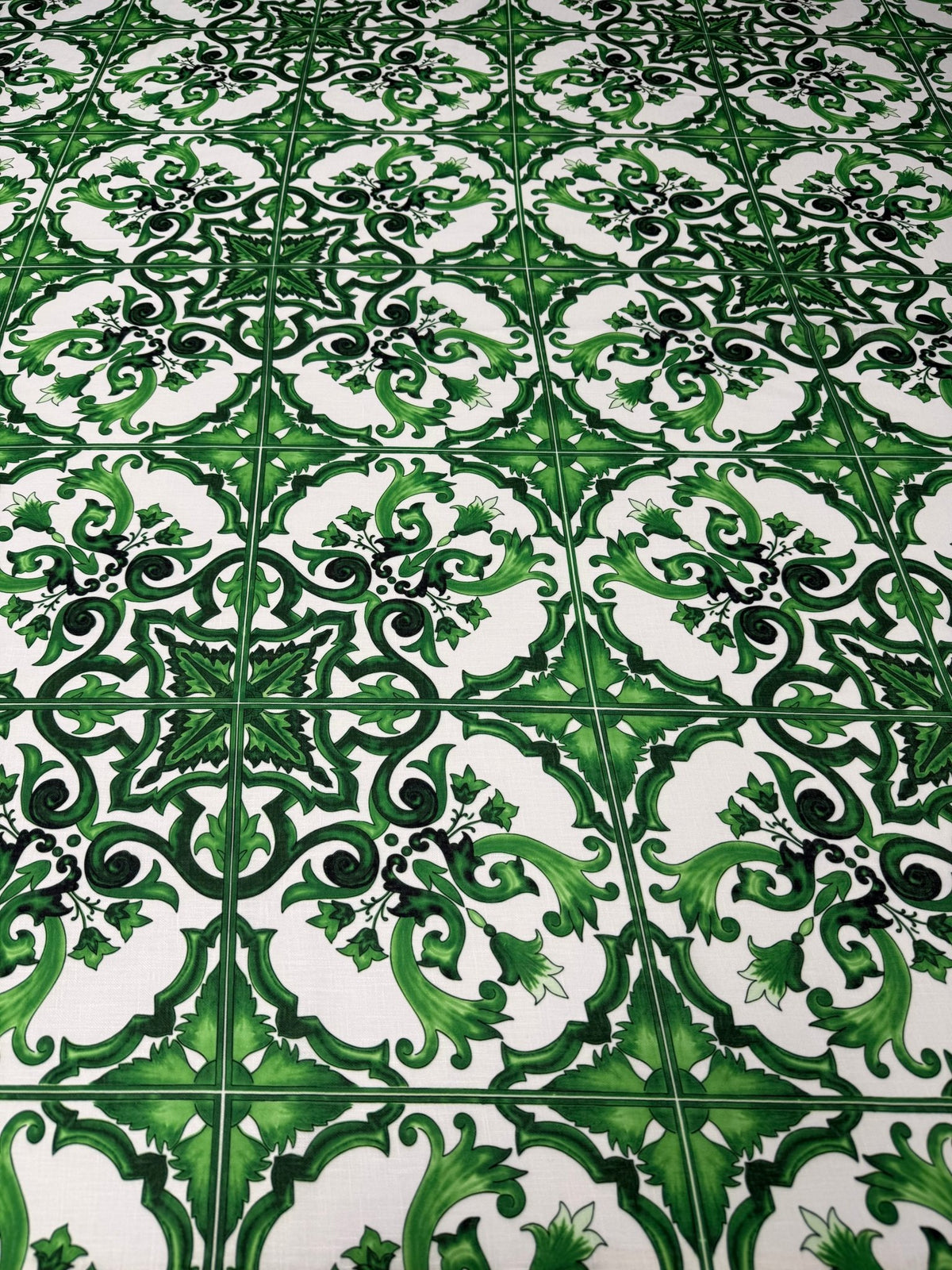 Green Baroque Print Linen Fabric by the Metre - Whotex Fabrics London
