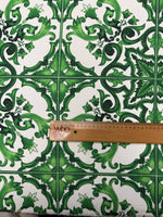 Green Baroque Print Linen Fabric by the Metre - Whotex Fabrics London