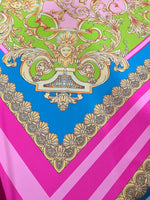 Baroque pink silky crepe fabric panel with intricate gold and green baroque design and pink border