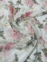 Gold striped floral print chiffon fabric with pink flowers and green leaves on a white background