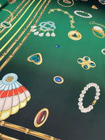 Jewellery Print Crepe Fabric by the Metre – Emerald Green Gold Motifs - Whotex Online Fabric Store