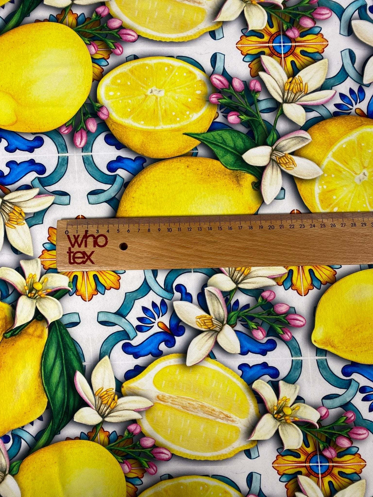 Lemon Blue Spanish Pattern Fabric with vibrant lemons, flowers, and intricate blue designs on 150cm wide fabric