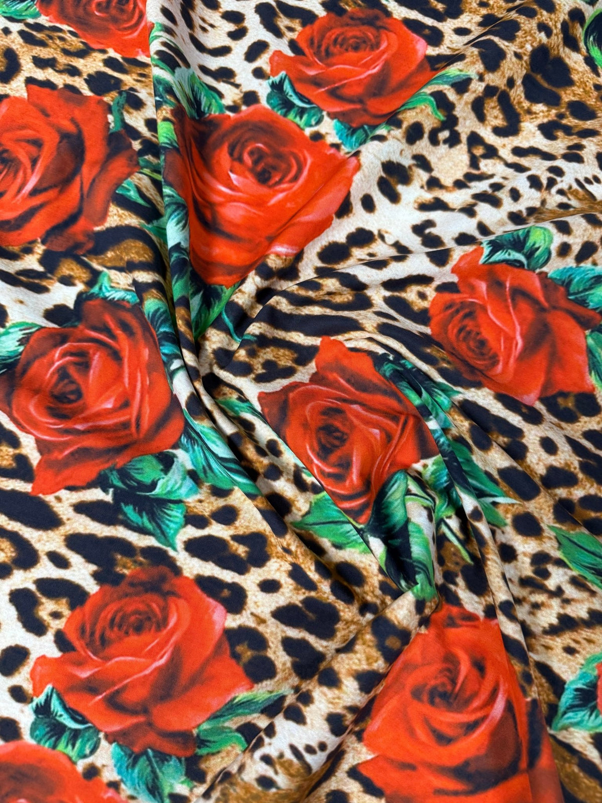 Leopard & Red Rose Organic Cotton Poplin Fabric by the Metre - Whotex Fabrics London
