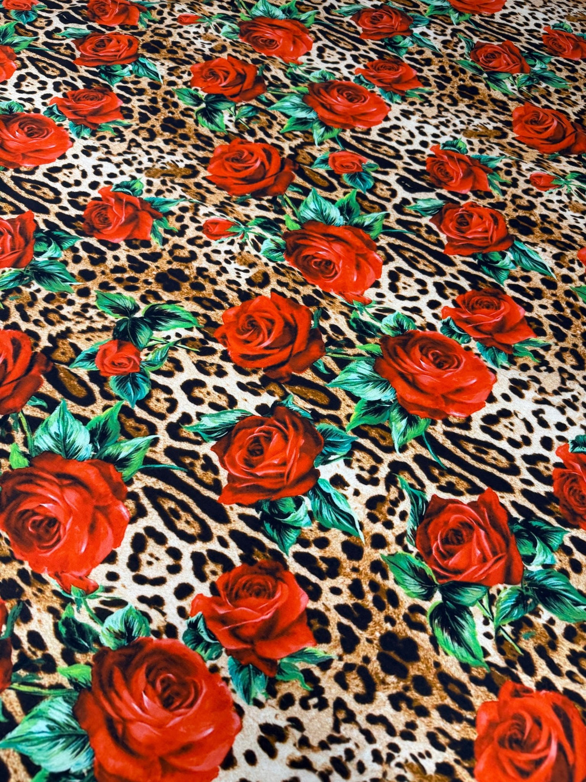 Leopard & Red Rose Organic Cotton Poplin Fabric by the Metre - Whotex Fabrics London