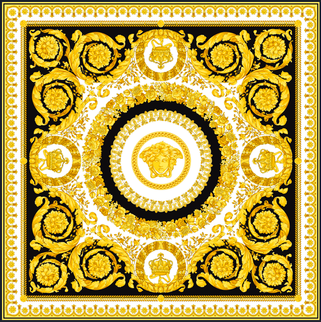 Luxurious Baroque Medusa pattern fabric in black and gold with intricate floral and ornamental design