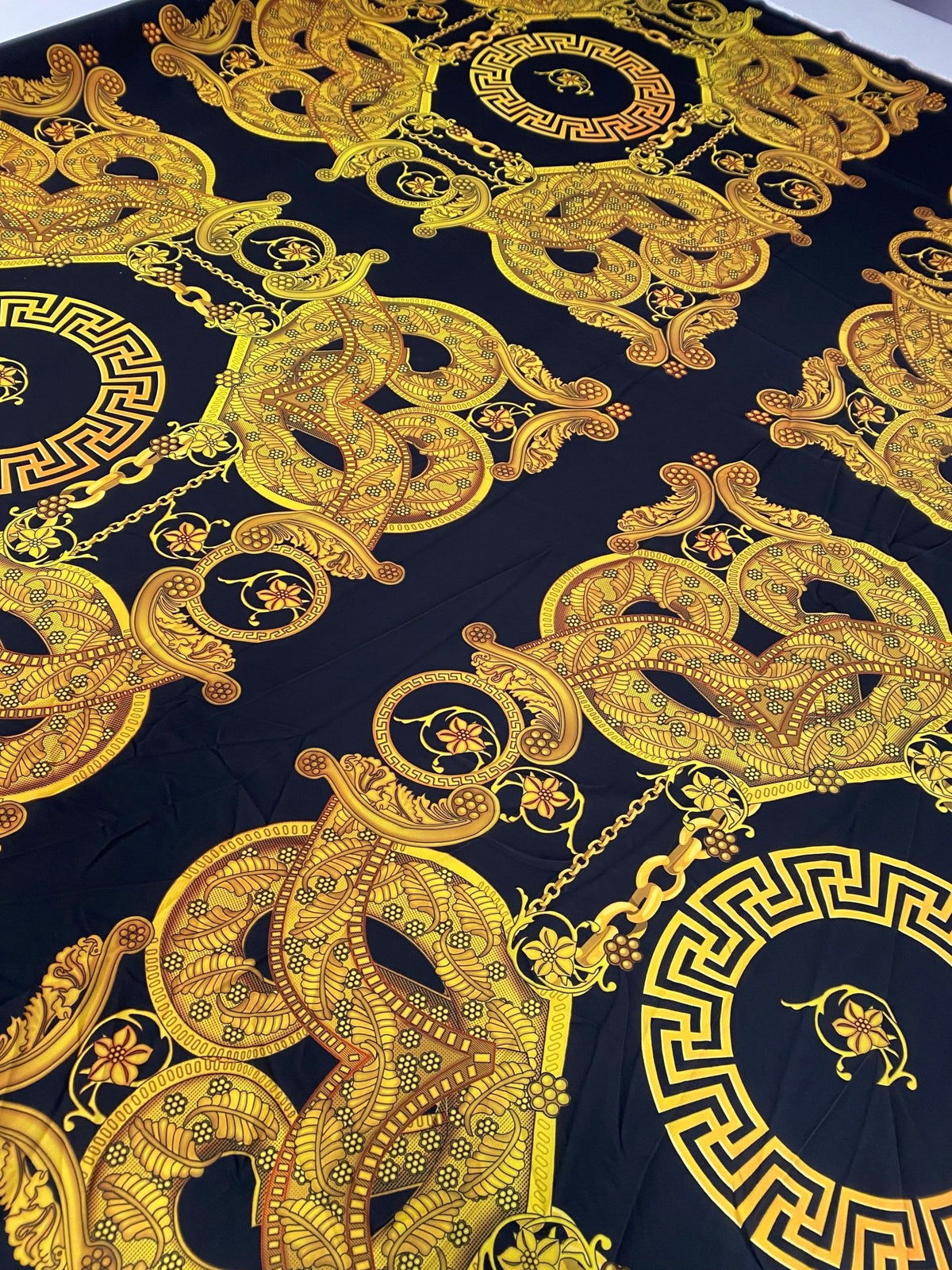 Luxury Baroque Chain Crepe Fabric by the Metre – Black & Gold Ornate - Whotex Online Fabric Store