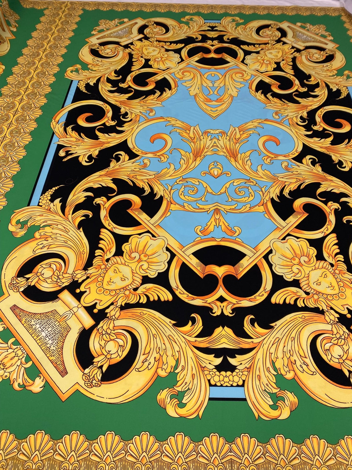 Luxury Baroque Crepe Fabric by the Metre – Black Gold & Green Ornate - Whotex Online Fabric Store