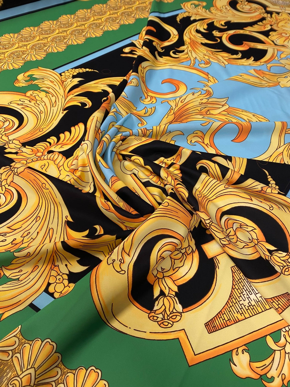Luxury Baroque Crepe Fabric by the Metre – Black Gold & Green Ornate - Whotex Online Fabric Store