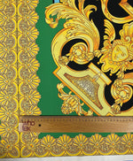 Luxury Baroque Crepe Fabric by the Metre – Black Gold & Green Ornate - Whotex Online Fabric Store