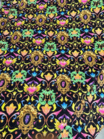 Vibrant black fabric with colorful baroque floral heart pattern design