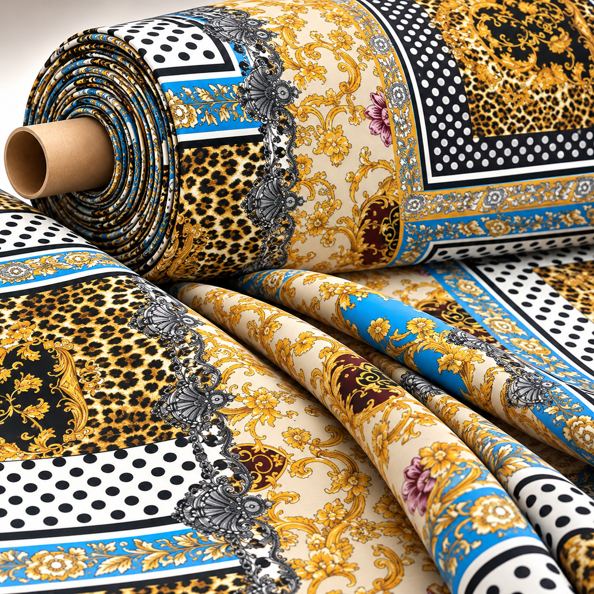 Luxury Baroque Leopard Print Fabric with Polka Dots by Metre - Whotex Fabrics London
