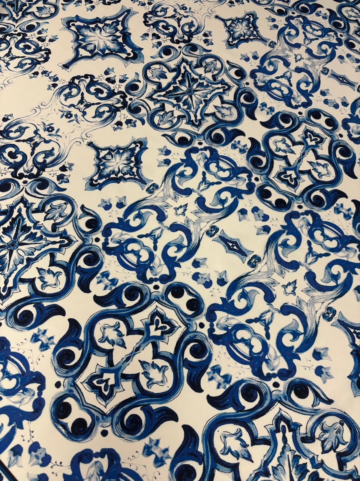 Luxury Blue & White Chiffon Satin Fabric by the Metre – Baroque Tile Print - Whotex Online Fabric Store