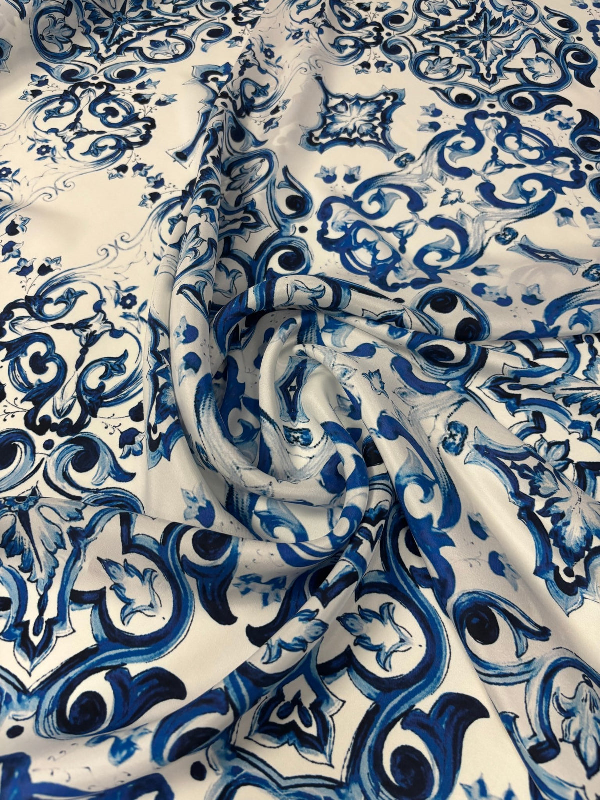 Luxury Blue & White Chiffon Satin Fabric by the Metre – Baroque Tile Print - Whotex Online Fabric Store
