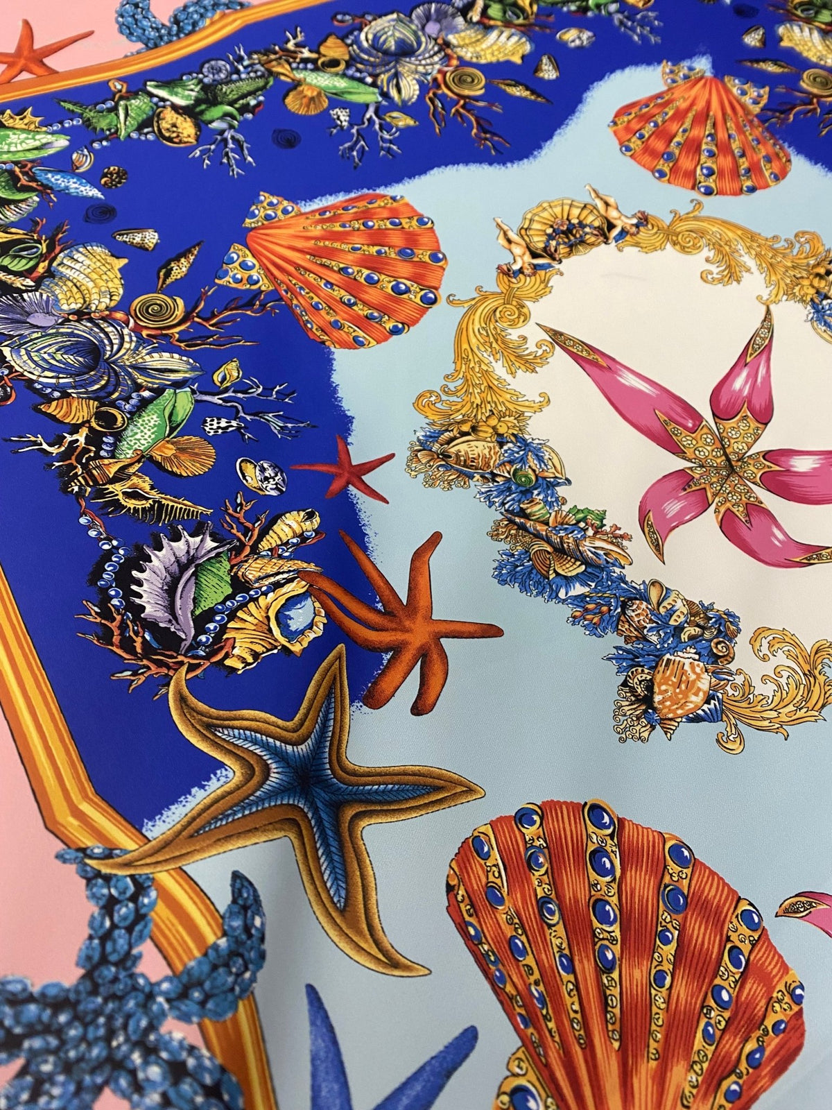 Luxury Crepe Fabric by the Metre – Starfish & Seashell Print - Whotex Online Fabric Store