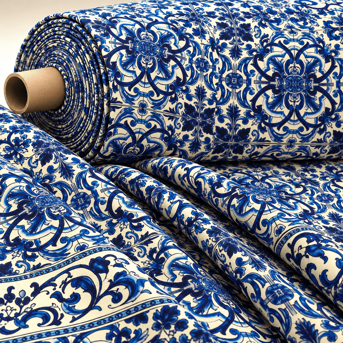 Majolica Blue White Swirl Fabric by Metre - Whotex Fabrics London