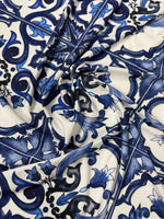 Majolica Pattern Blue White Swirl Crepe Fabric – Custom Printed Fabric, Choose Material by Metre - Whotex Fabrics London