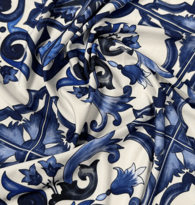 Majolica Pattern Blue White Swirl Fabric by Metre - Whotex Fabrics London