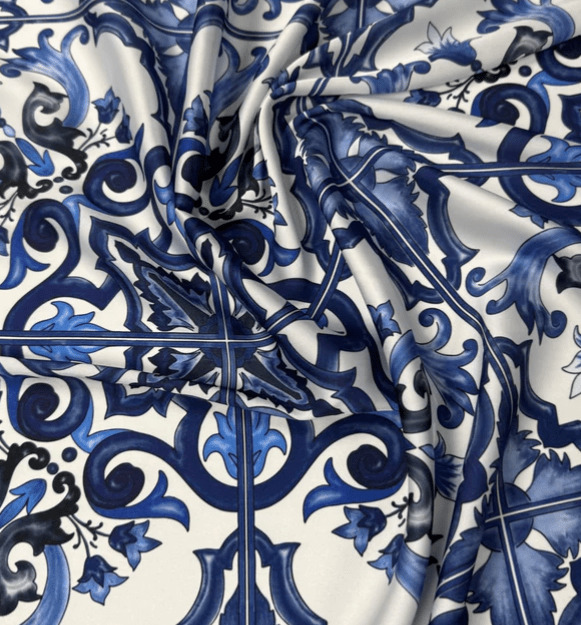 Majolica Pattern Blue White Swirl Fabric by Metre - Whotex Fabrics London