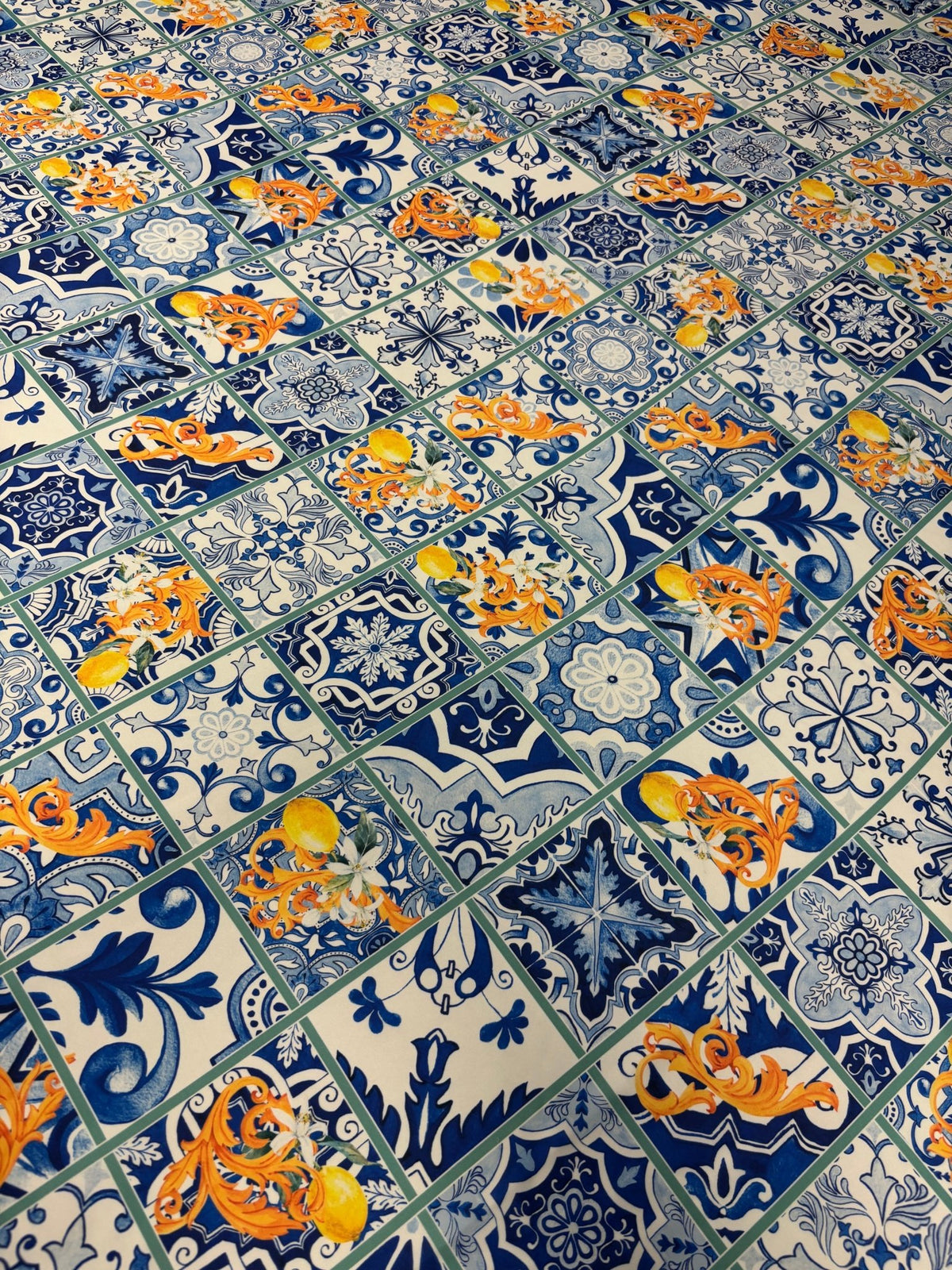 Mediterranean Tile & Lemon Print Chiffon Satin Fabric by the Metre - Whotex Online Fabric Store