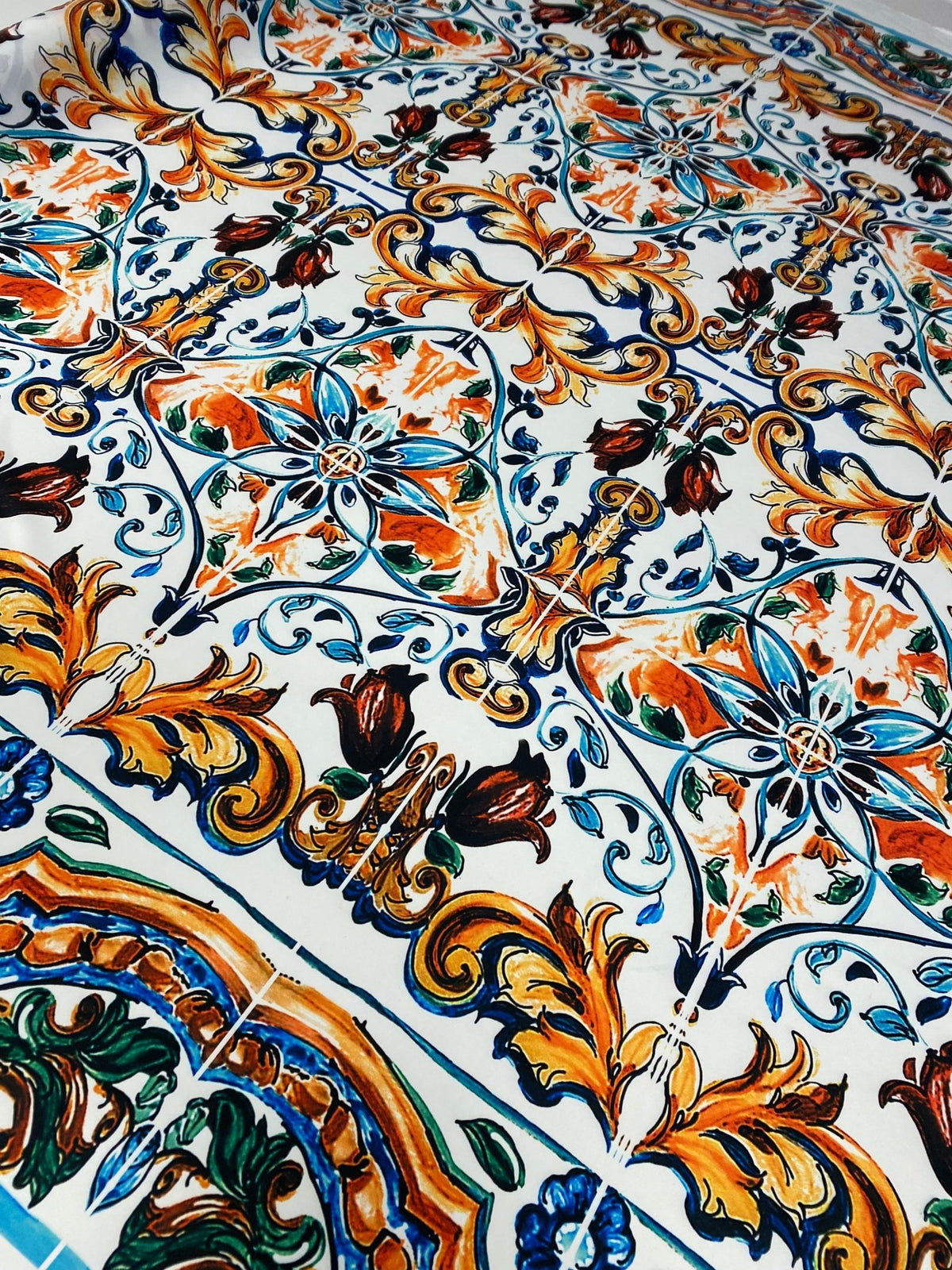 Mediterranean Tile Print Crepe Fabric by the Metre – Multicolour, detailed design for dressmaking and elegant fashion projects.