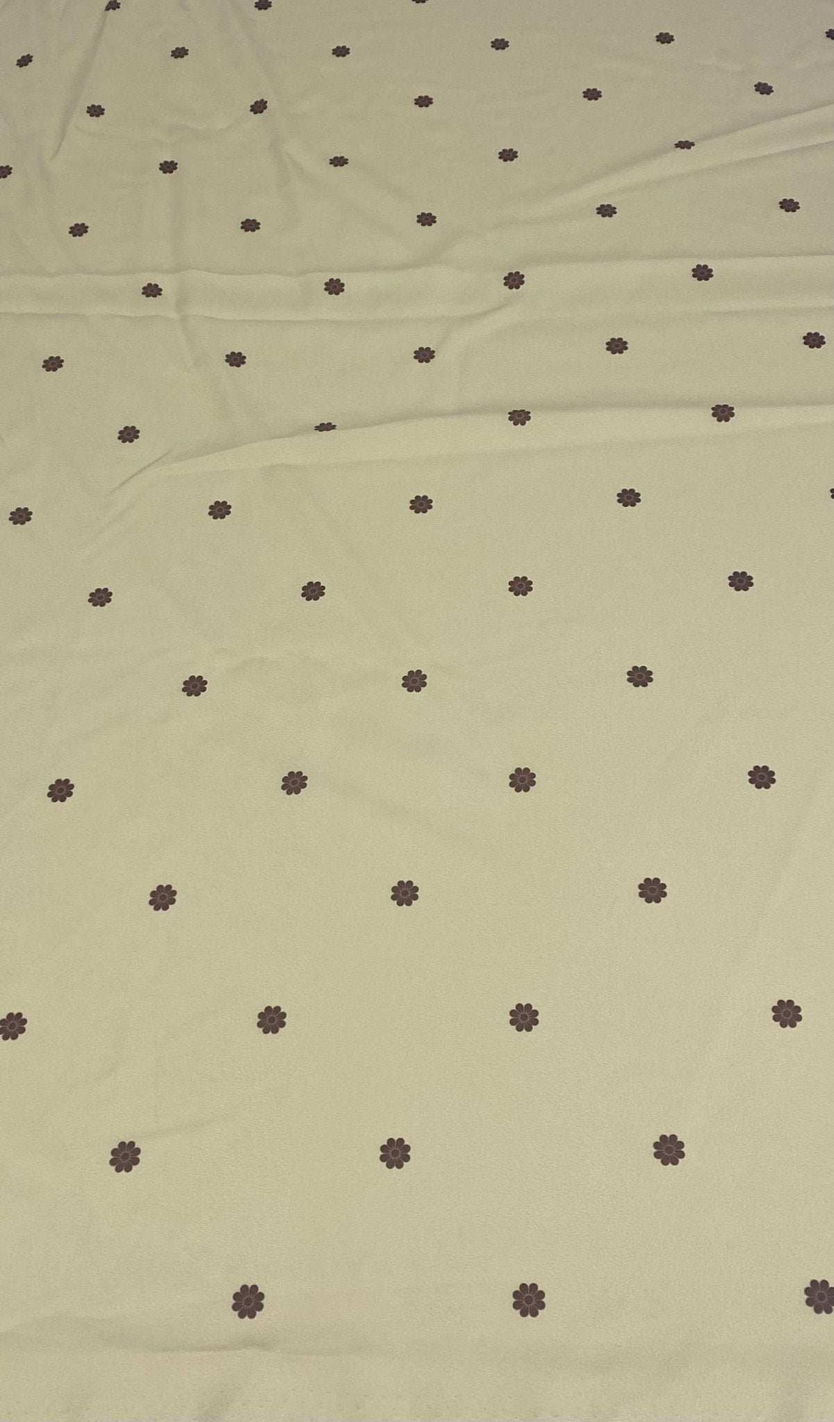 Minimal yellow fabric with small brown floral pattern and soft texture, 150cm width
