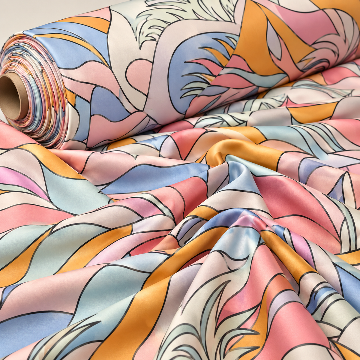 Pastel Abstract Satin Fabric by the Metre - Whotex Fabrics London