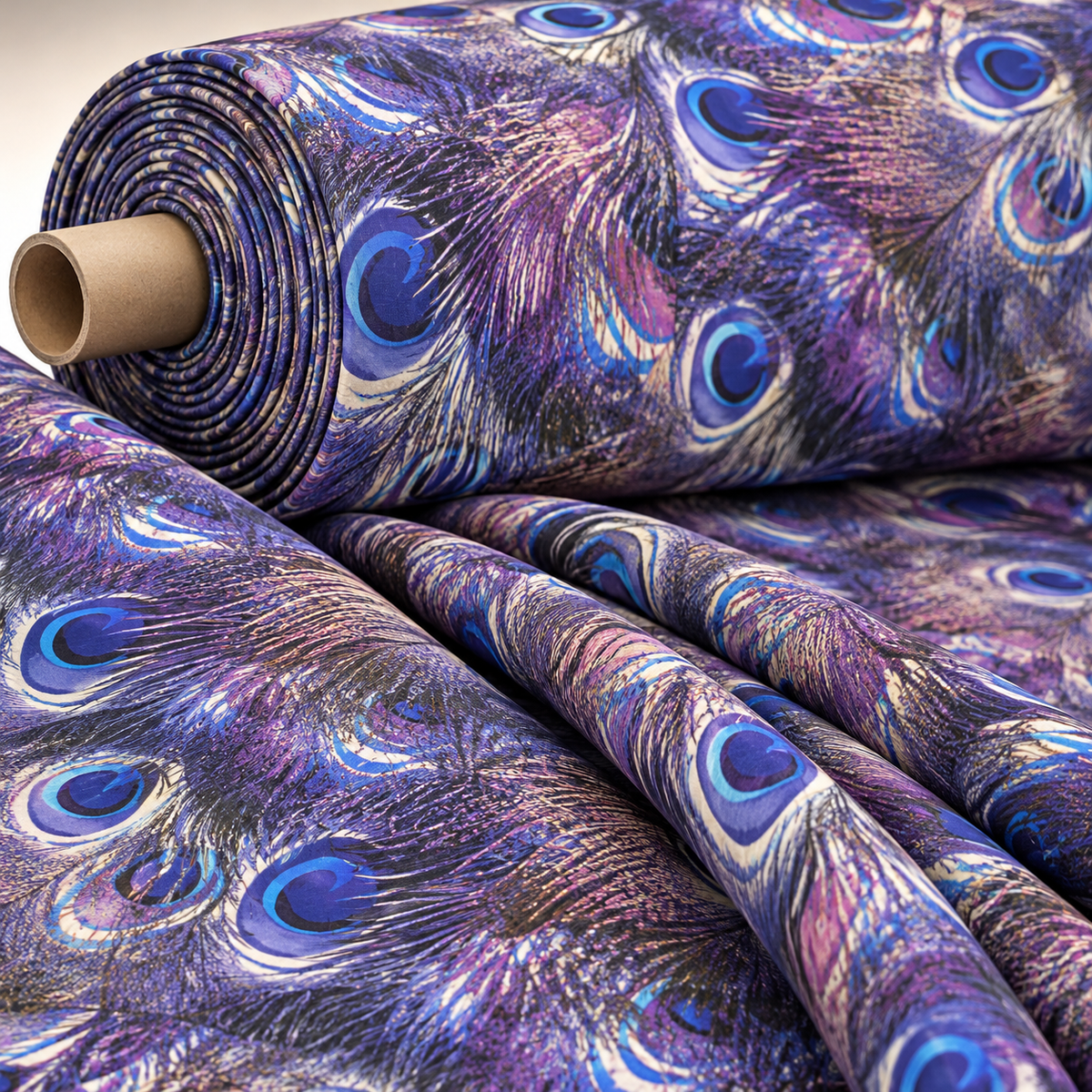 Peacock Feather Print Fabric in Blue & Purple | Fabric by Metre - Whotex Fabrics London