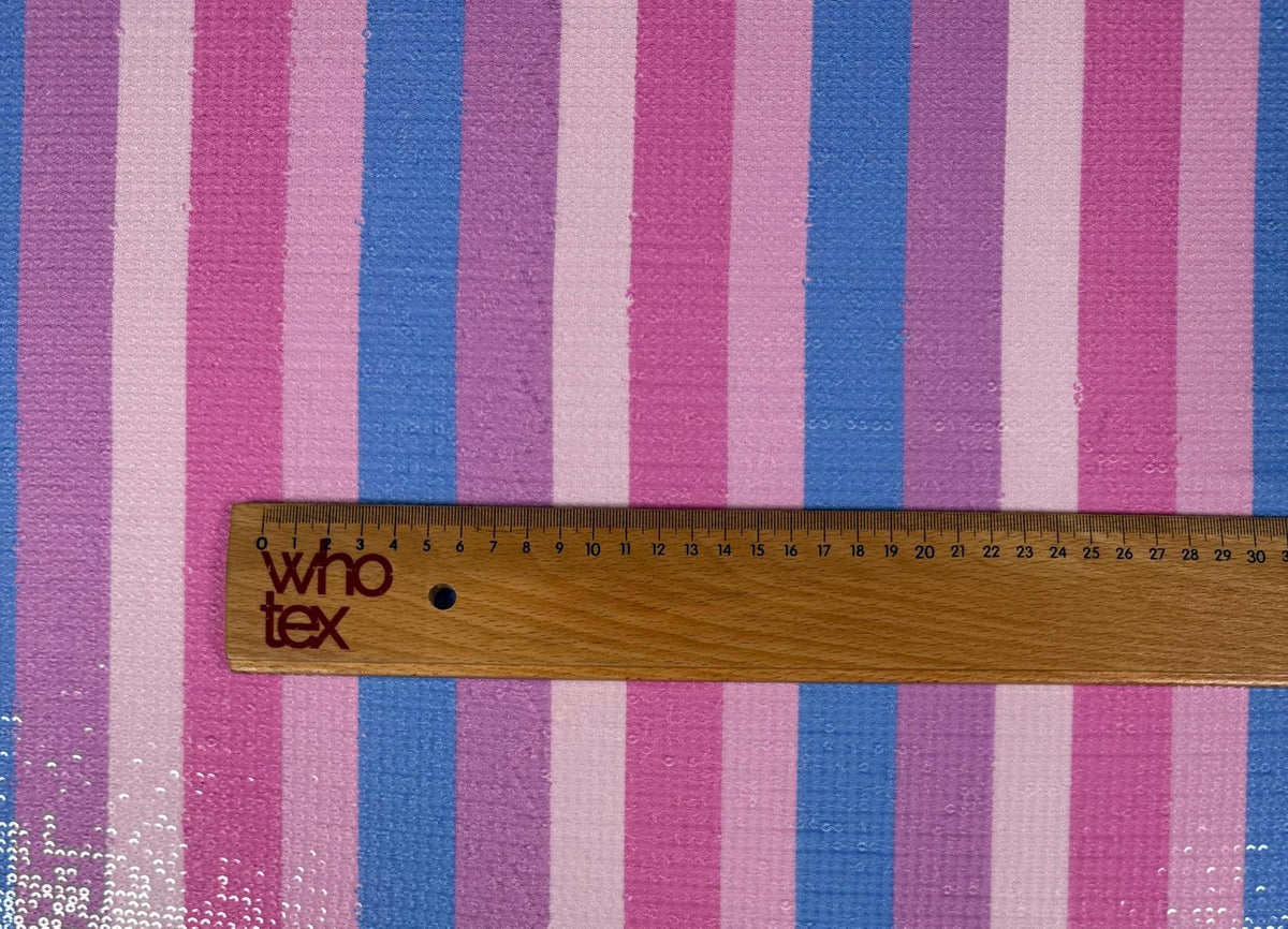Pink & Blue Striped Sequin Fabric by the Metre - Whotex Fabrics London