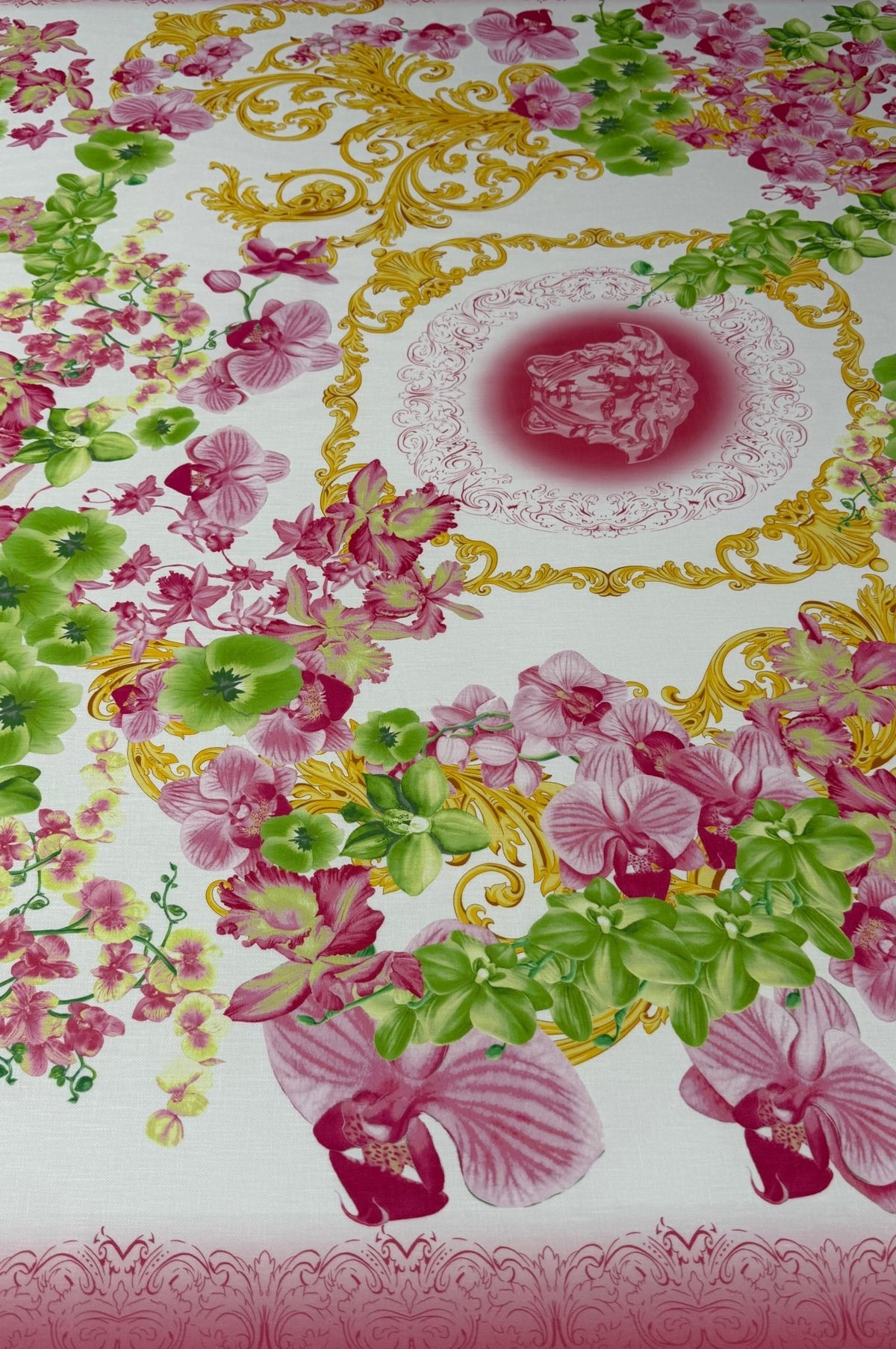 Pink Floral Baroque Linen Fabric by the Metre - Whotex Fabrics London