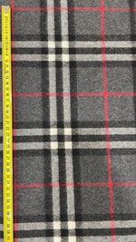Gray base plaid woolen fabric with red, black, and white stripes, 150cm wide, suitable for jackets and coats