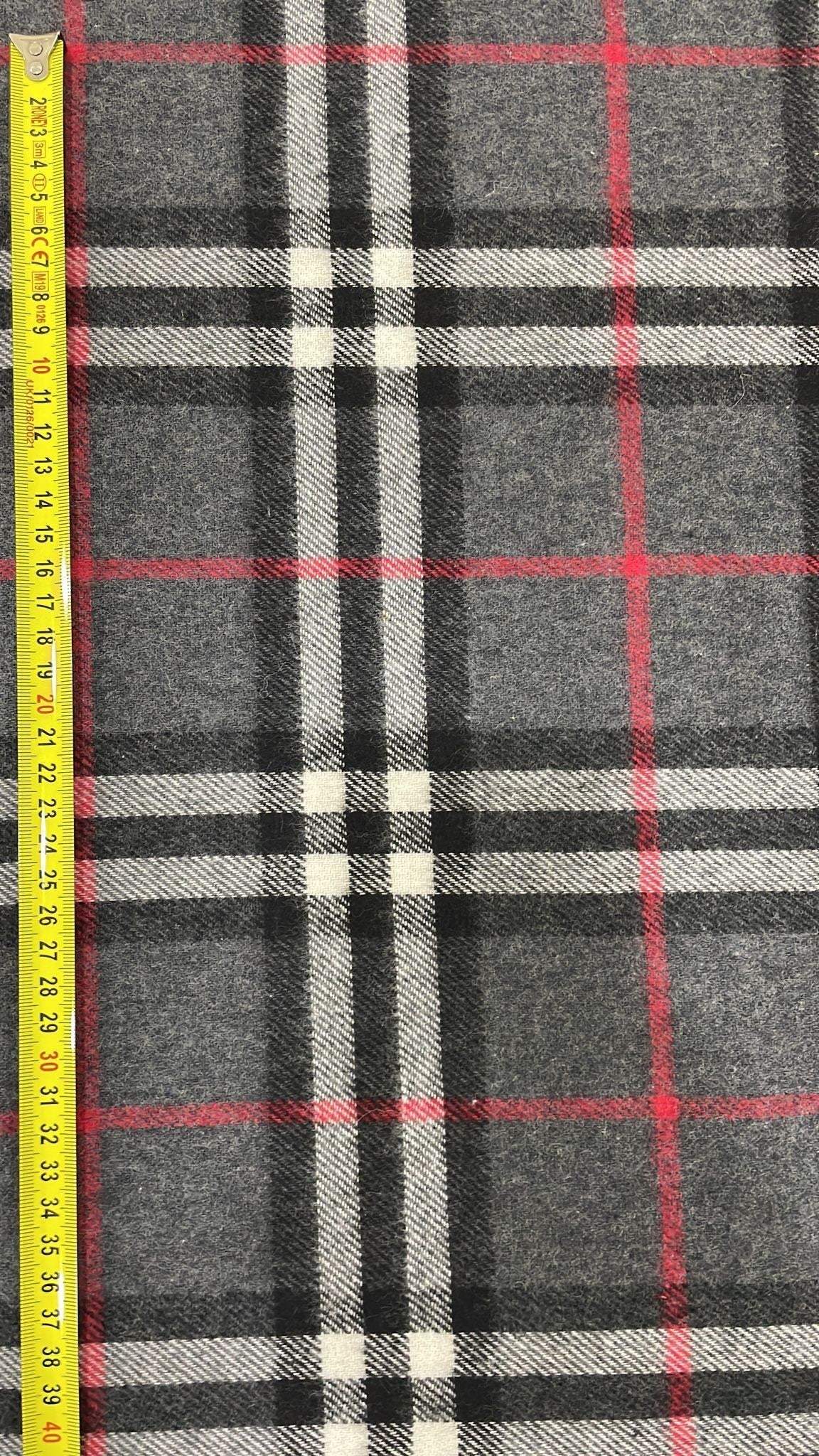 Gray base plaid woolen fabric with red, black, and white stripes, 150cm wide, suitable for jackets and coats