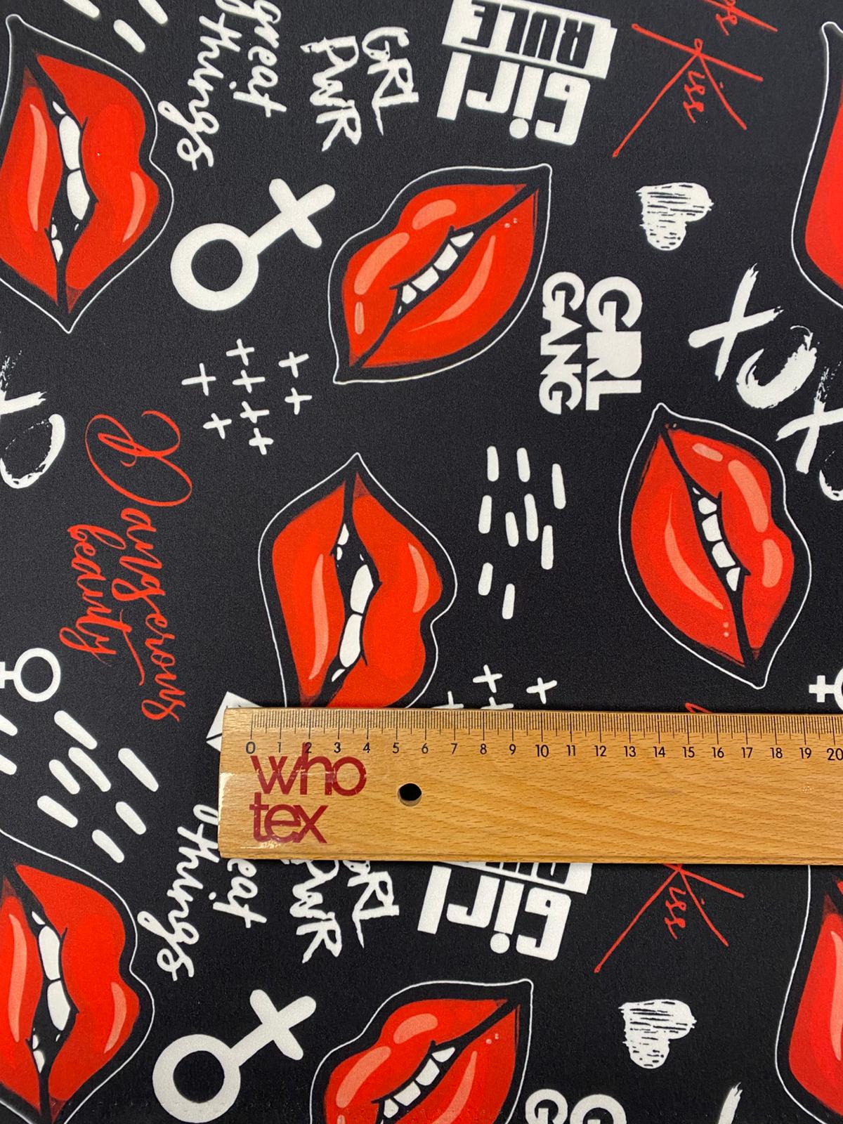 Pop Art Lips Print Fashion Fabric on Black - Whotex Fabrics London