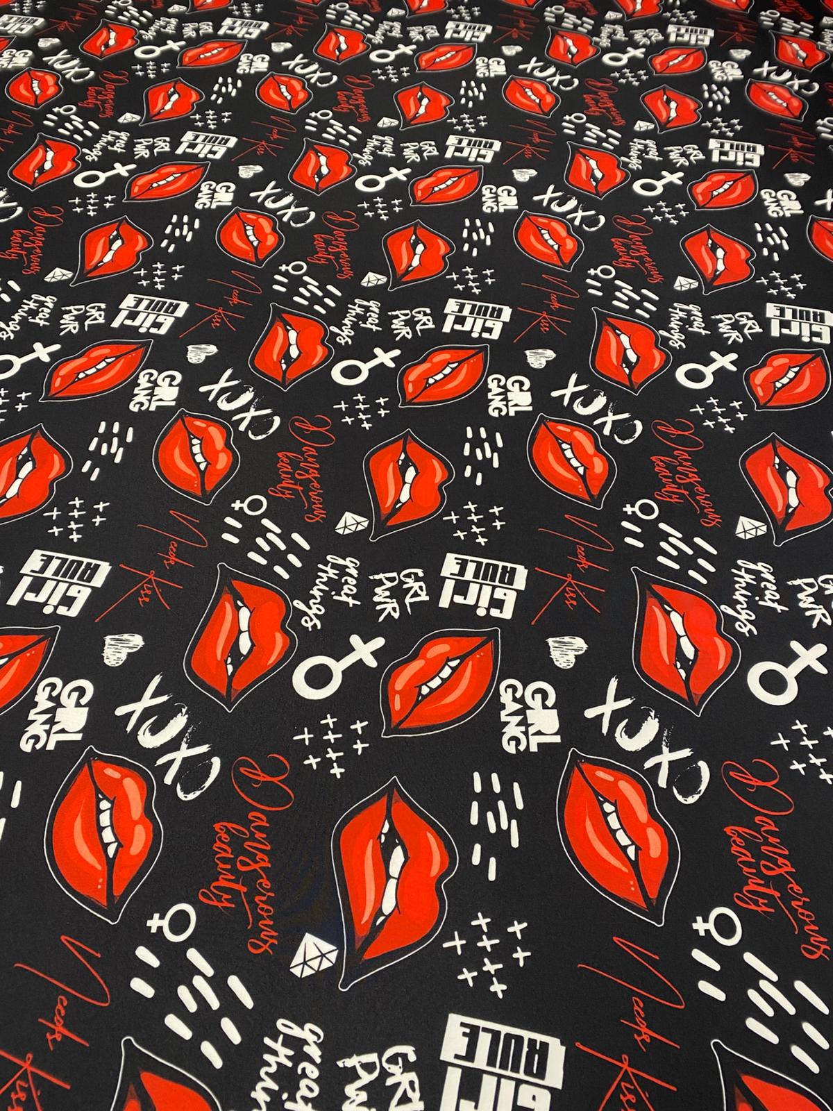 Pop Art Lips Print Fashion Fabric on Black - Whotex Fabrics London