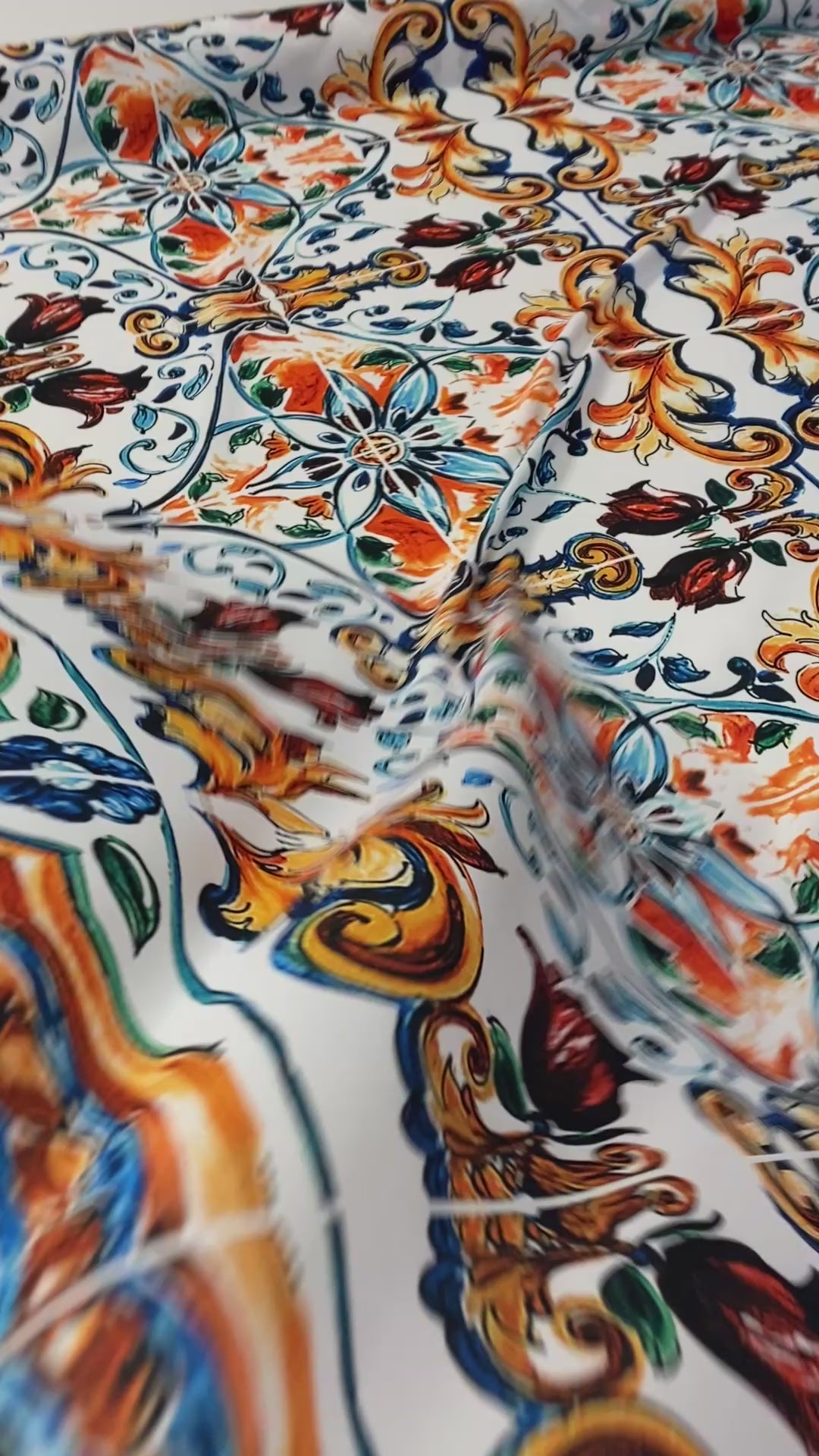 Mediterranean Tile Print Crepe Fabric by the Metre – Multicolour featuring intricate patterns and vibrant colors.