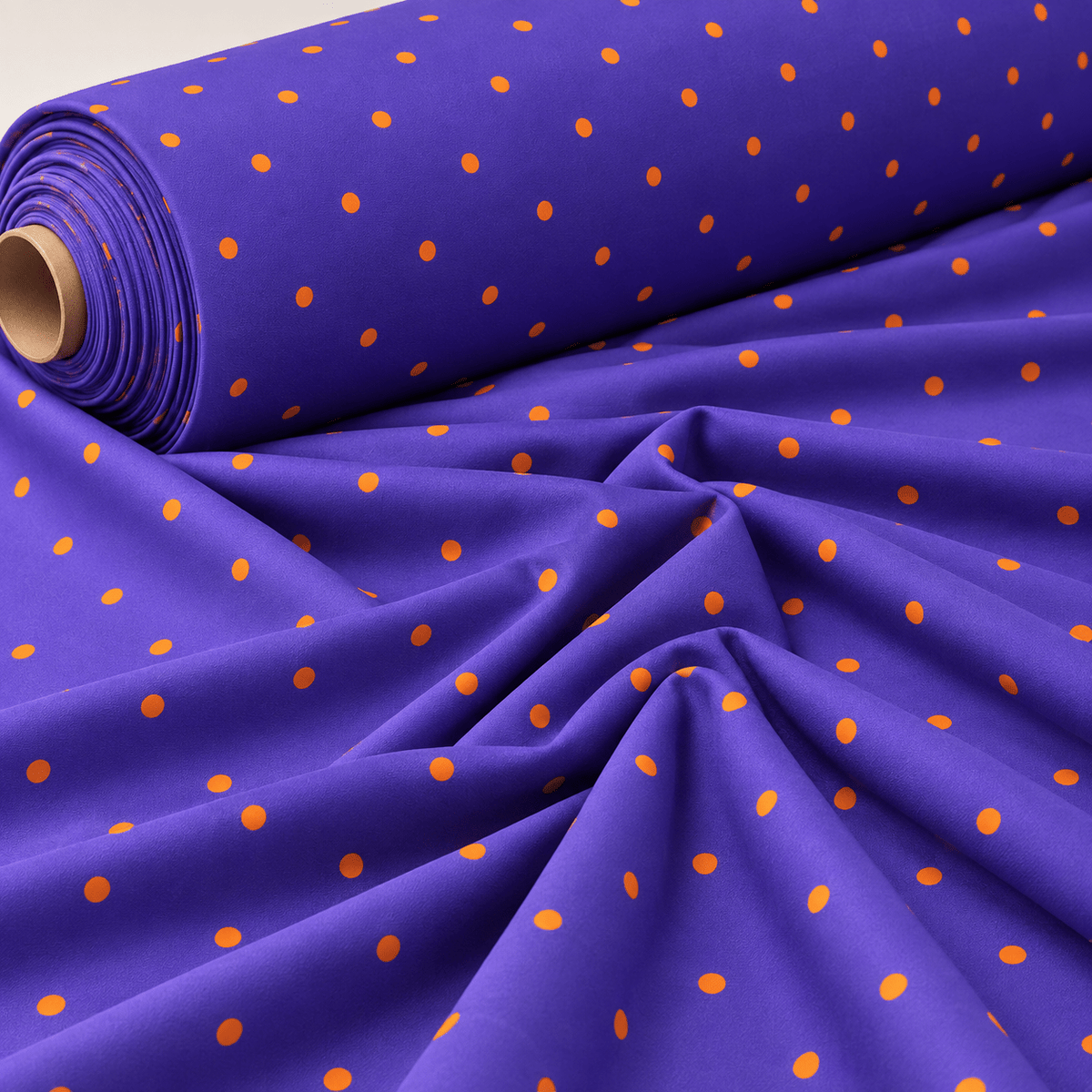 Purple with Orange Polka Dot Satin Fabric by the Metre - Whotex Fabrics London