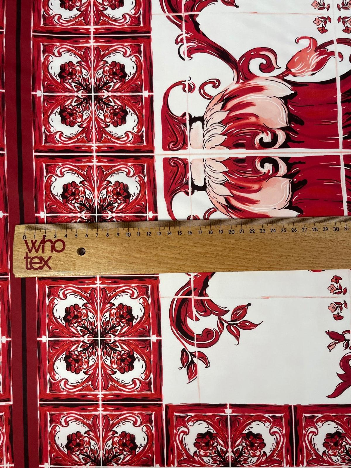 Red Baroque Floral Vase Crepe Fabric by the Metre – Mediterranean Style - Whotex Online Fabric Store