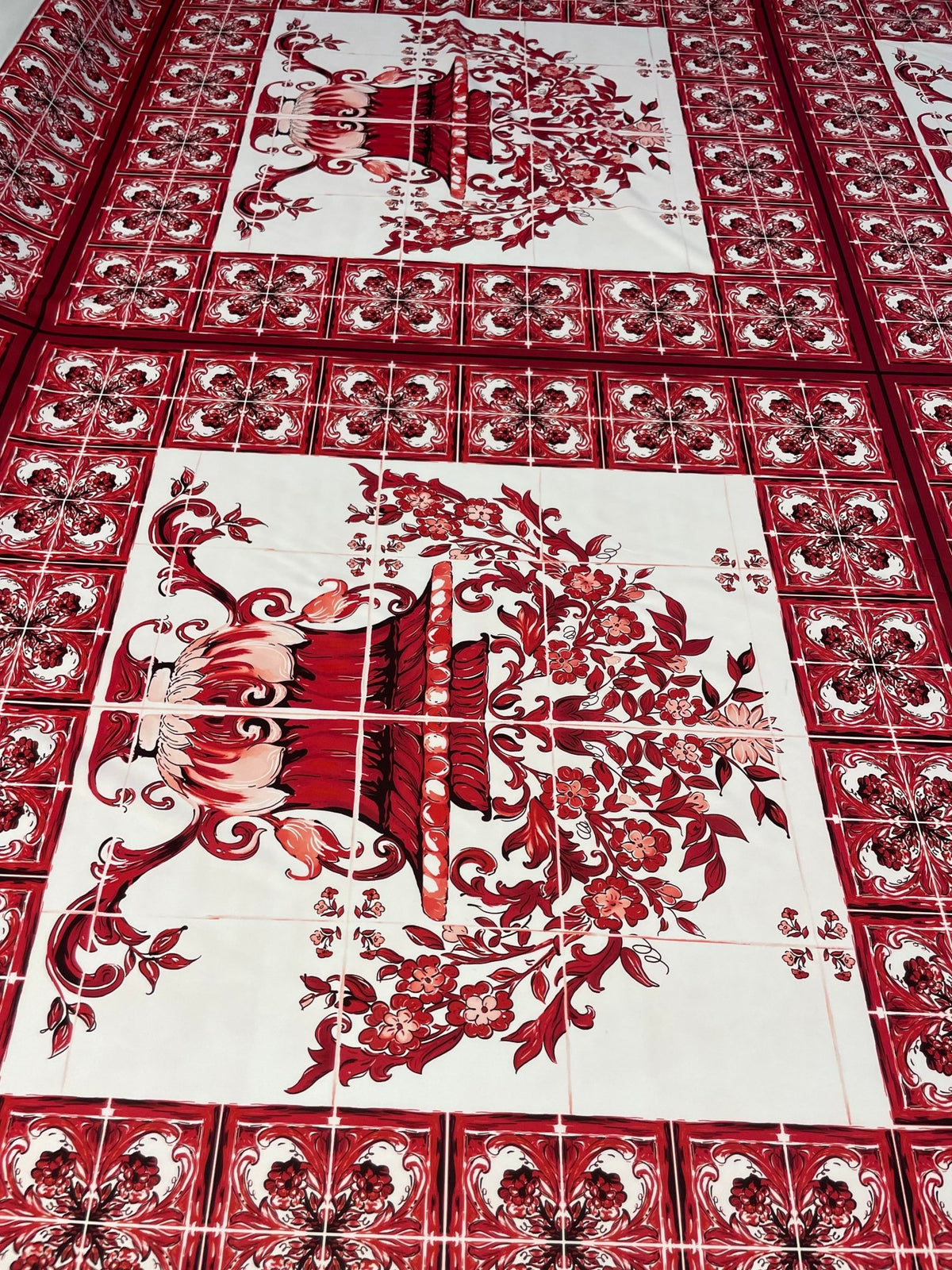 Red Baroque Floral Vase Crepe Fabric by the Metre – Mediterranean Style - Whotex Online Fabric Store