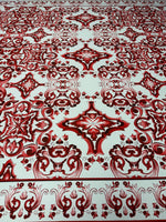 Red Baroque Tile Print Crepe Fabric by the Metre - Whotex Fabrics London