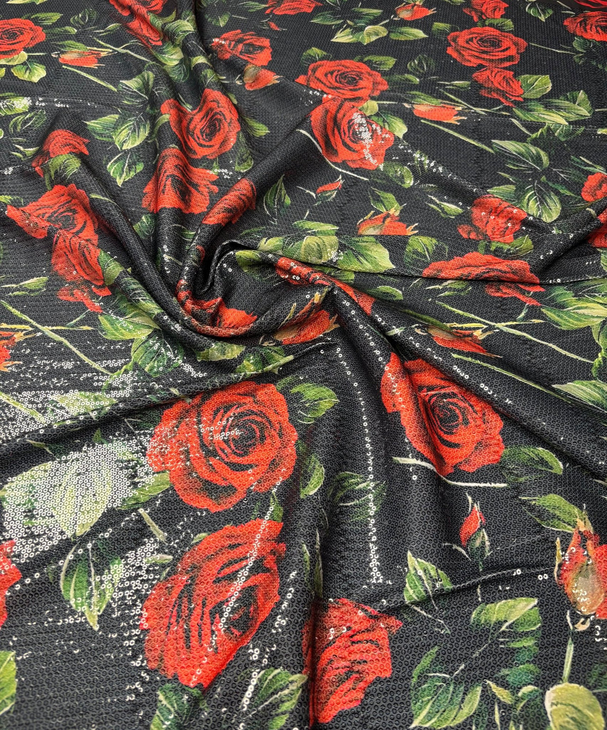 Red Rose Sequin Fabric for Dresses & Evening Wear - Whotex Fabrics London