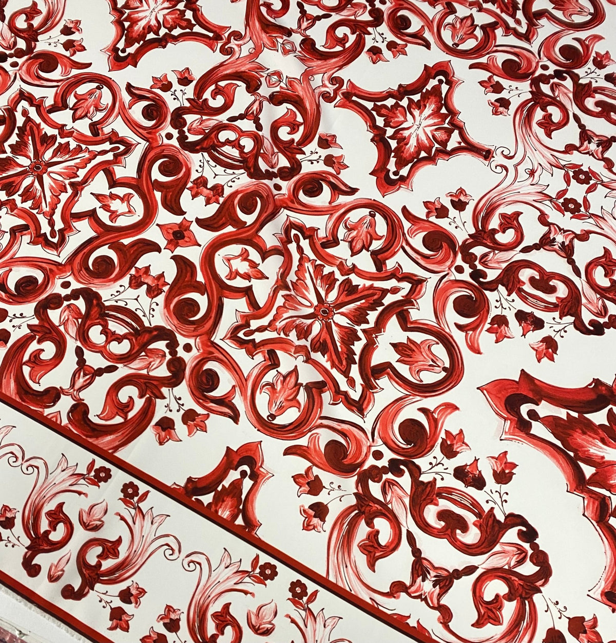 Red Sicilian Majolica Fabric – Custom Printed Fabric on Satin, Crepe, Spandex or Chiffon - Whotex Online Fabric Store