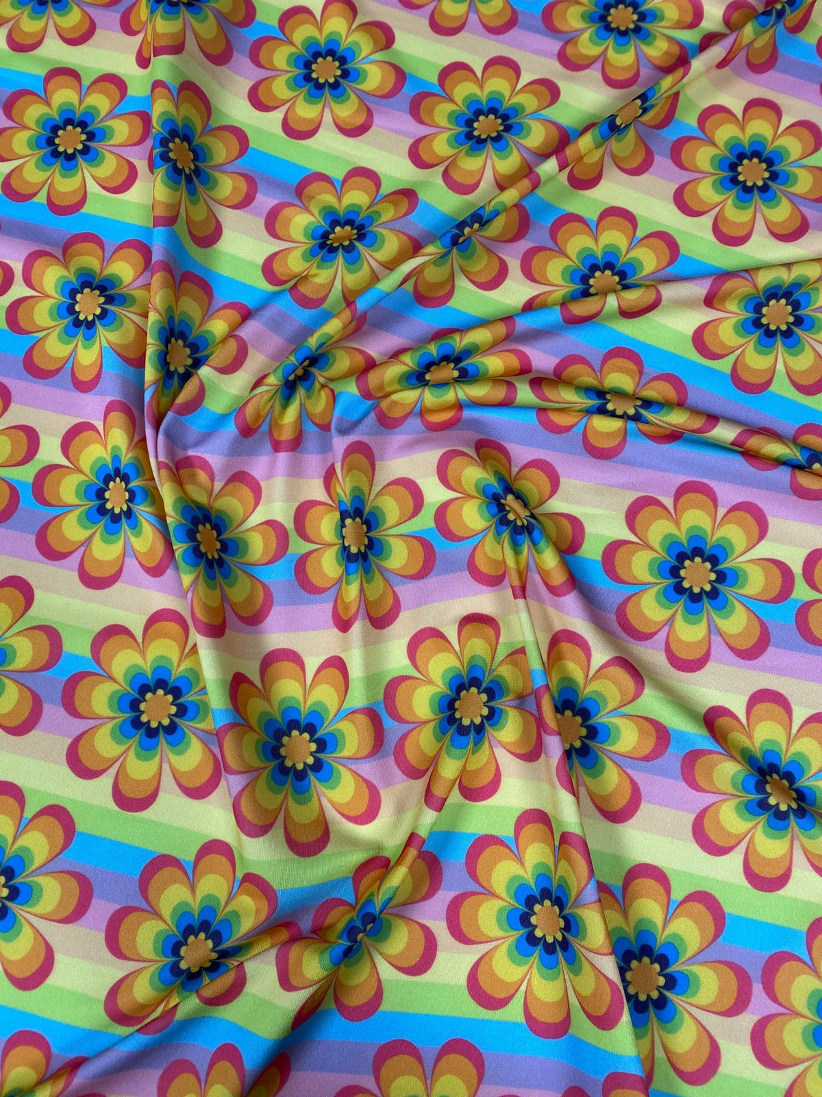 Retro Rainbow Flower Print Fabric - Whotex Fabrics London
