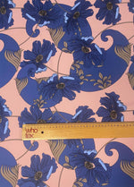 retro style blue floral print fabric on peach background with vintage design