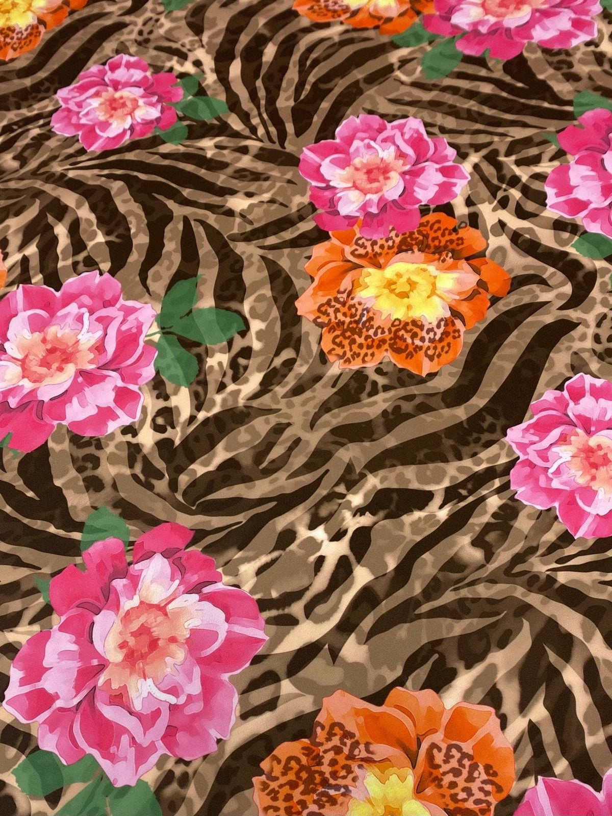 Rose leopard baroque fabric with floral and animal print pattern in pink, orange, and brown tones, 150cm wide.